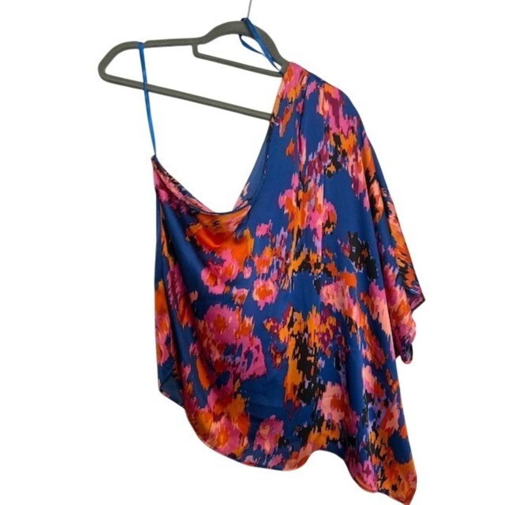 NWT-She+Sky One Shoulder Blouse 2XL Blue/Pink‎ Orange Abstract Floral - Picture 2 of 5